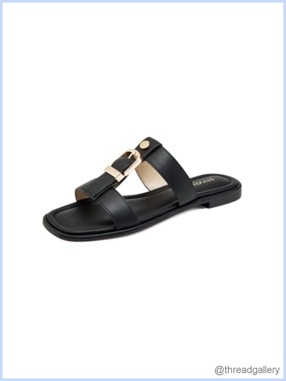 Women's T-Strap Flat Sandals Faux Leather Slip On Open Toe Metal Buckle